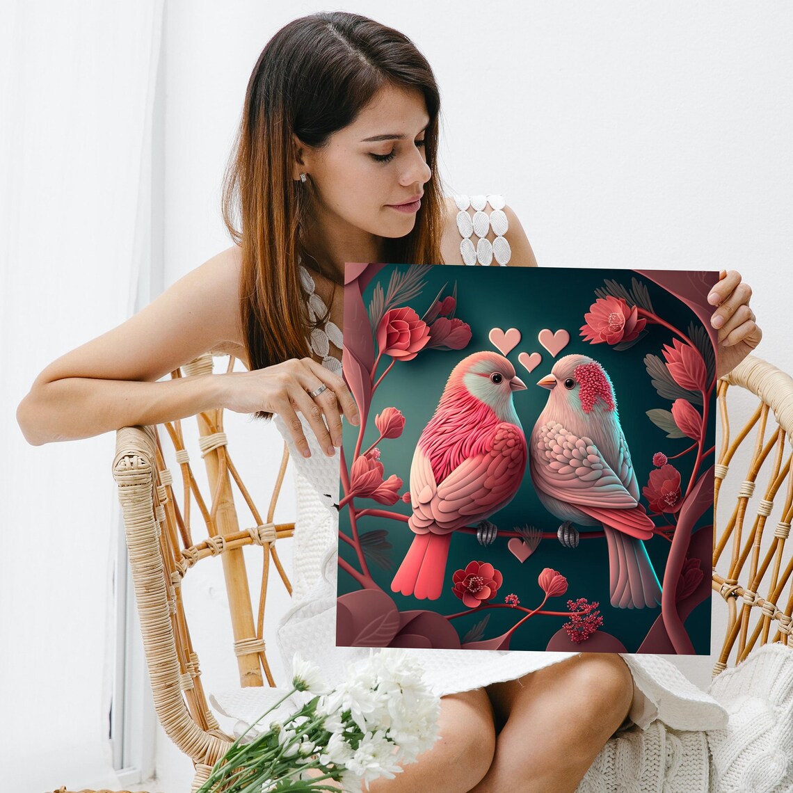 Lovebirds Valentines Art Print, Vibrant Birds Decor - Image 3