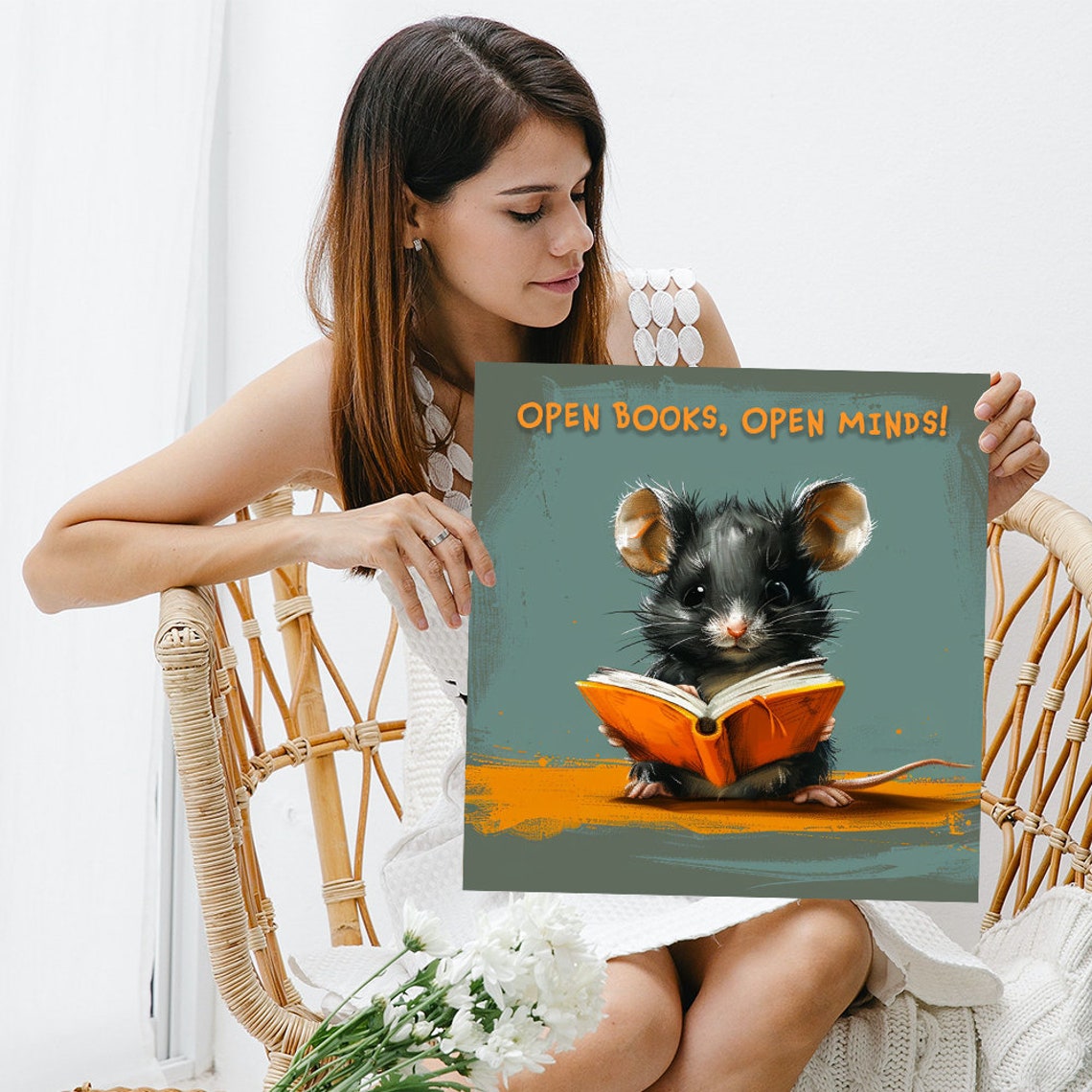 Bookworm Mouse Reading Open Books Open Minds Quote Library Art Poster - Image 3