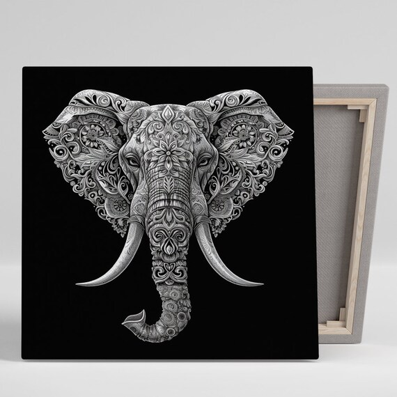 Silver Elephant Mandala Head Intricate Zentangle Black White Poster
