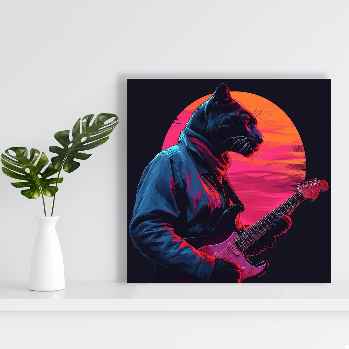 Panther Guitarist in Neon Sunset Retro Synthwave Style Poster - Image 2