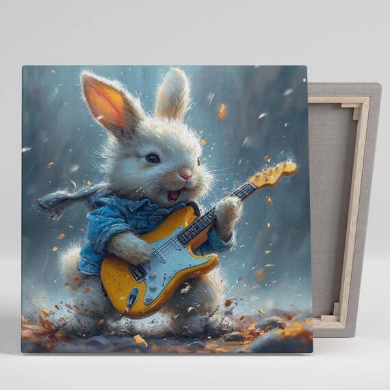 Rock Star Bunny Playing Electric Guitar Denim Jacket Cute Animal Poster