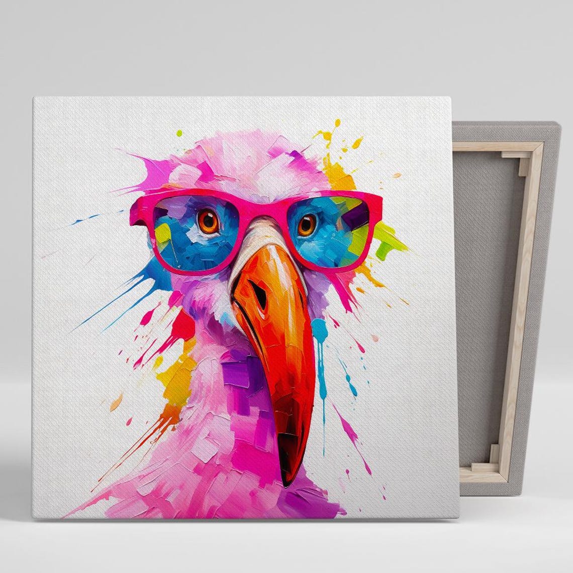 Pink Flamingo Wearing Neon Sunglasses Splash Art Whimsical Poster