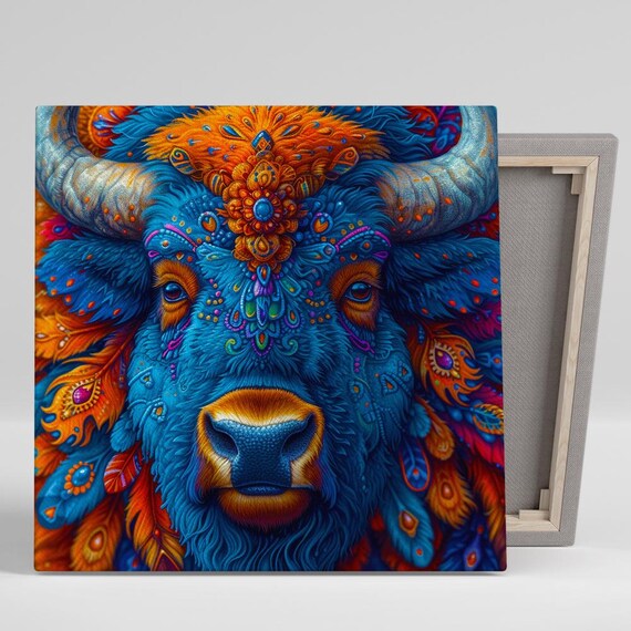 Cosmic Blue Bison Spirit Guide Ornamental Orange Mandala Animal Poster
