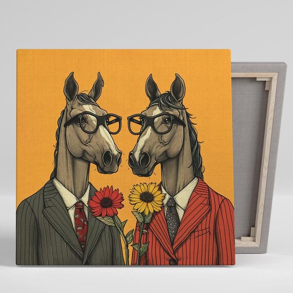 Dapper Equine Duo Wall Art Or Poster Whimsical Retro Decor Office Living Room Dining Game Room Wall Art Orange Brown Red Black
