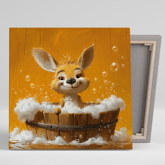 Bunny Bath Time Bubbly Wooden Tub Smiling Cartoon Cute Whimsical Poster