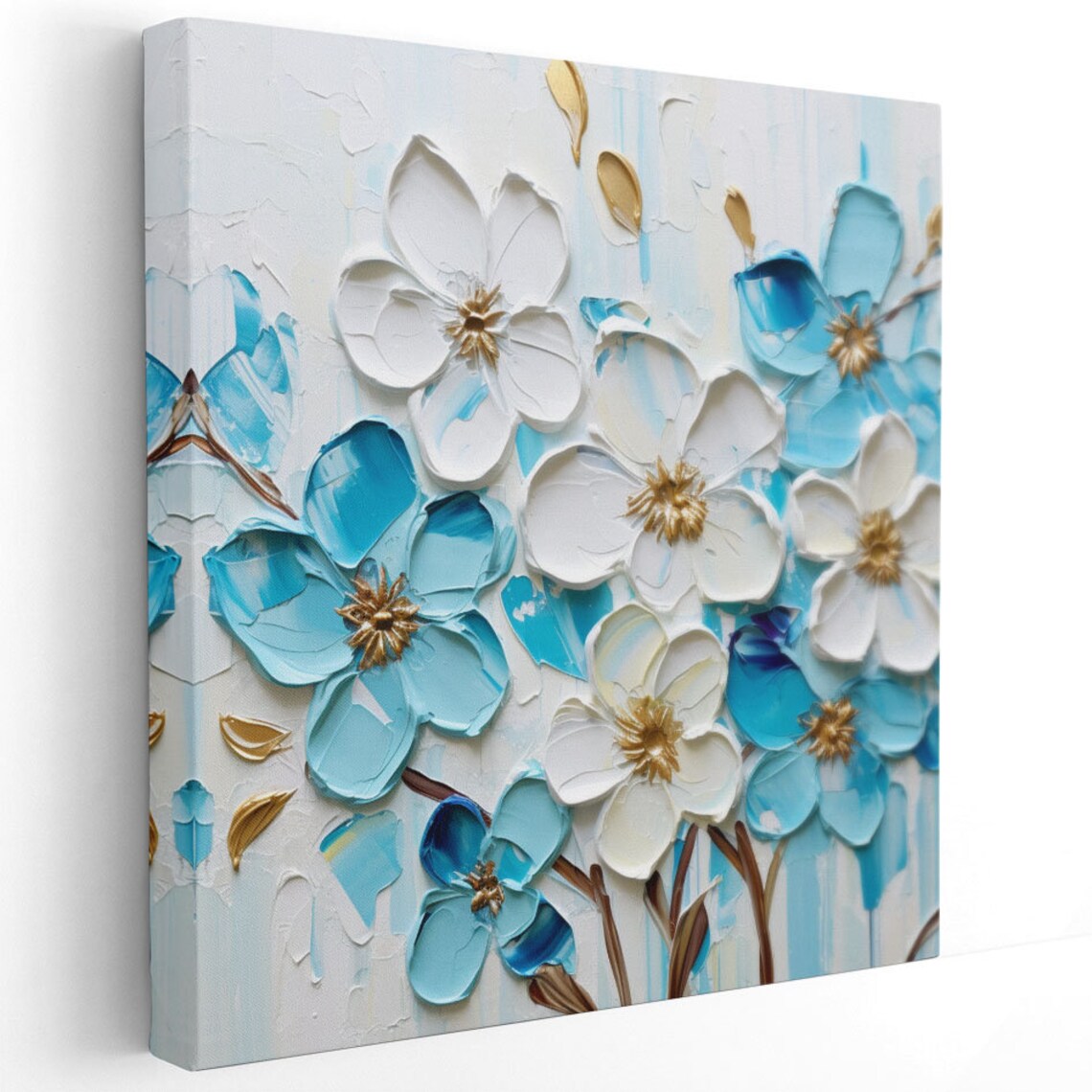 White And Blue Flower Art Print, Golden Blooms - Image 2