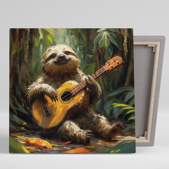 Sloth Playing Ukulele in Jungle Painterly Happy Tropical Animal Poster