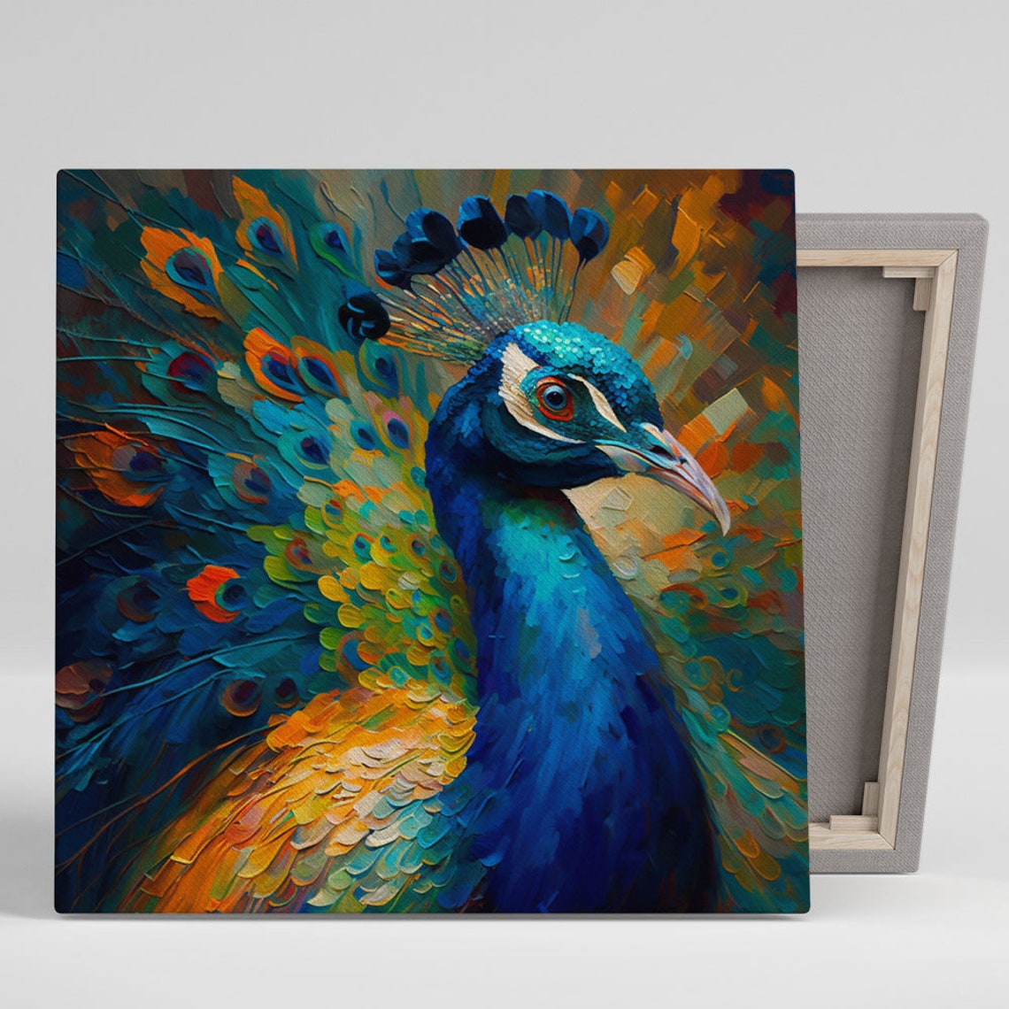 Golden Impasto Peacock Portrait Blue Plumage Warm Textured Art Poster
