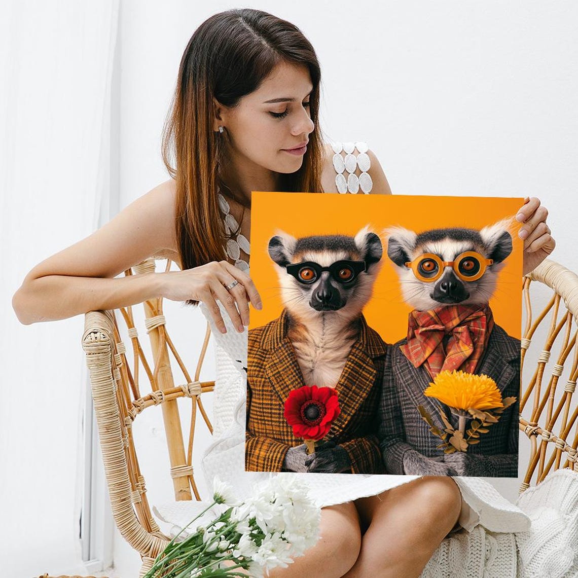 Dapper Lemur Duo Tweed Suits Glasses Flowers Orange Retro Poster - Image 3