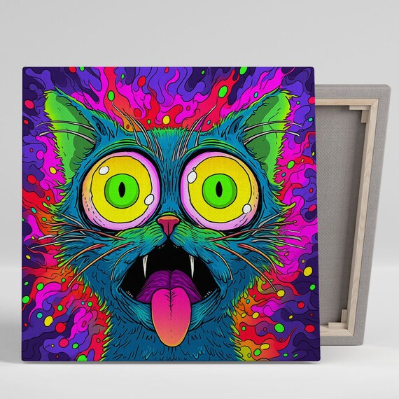 Psychedelic Trippy Cat Neon Pop Art Wild Eyes Funny Feline Poster