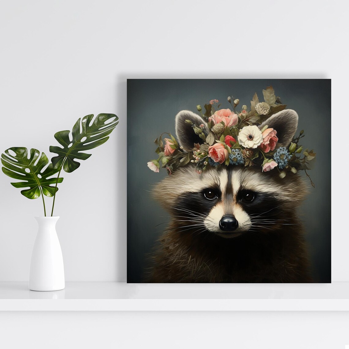 Raccoon Floral Crown Portrait Boho Woodland Animal Flower Art Poster - Image 2