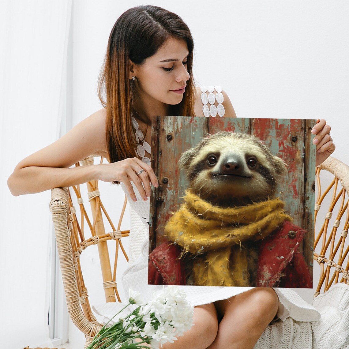 Cozy Sloth Wearing Yellow Scarf Red Jacket Rustic Painted Door Scene Poster - Image 3