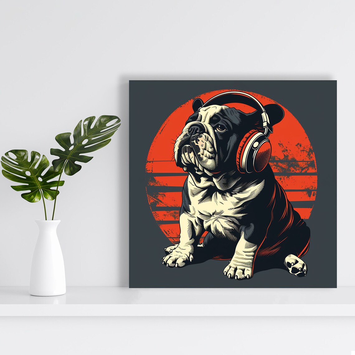Bulldog in Headphones Retro Orange Sunset Music Dog Poster Wall Art - Image 2