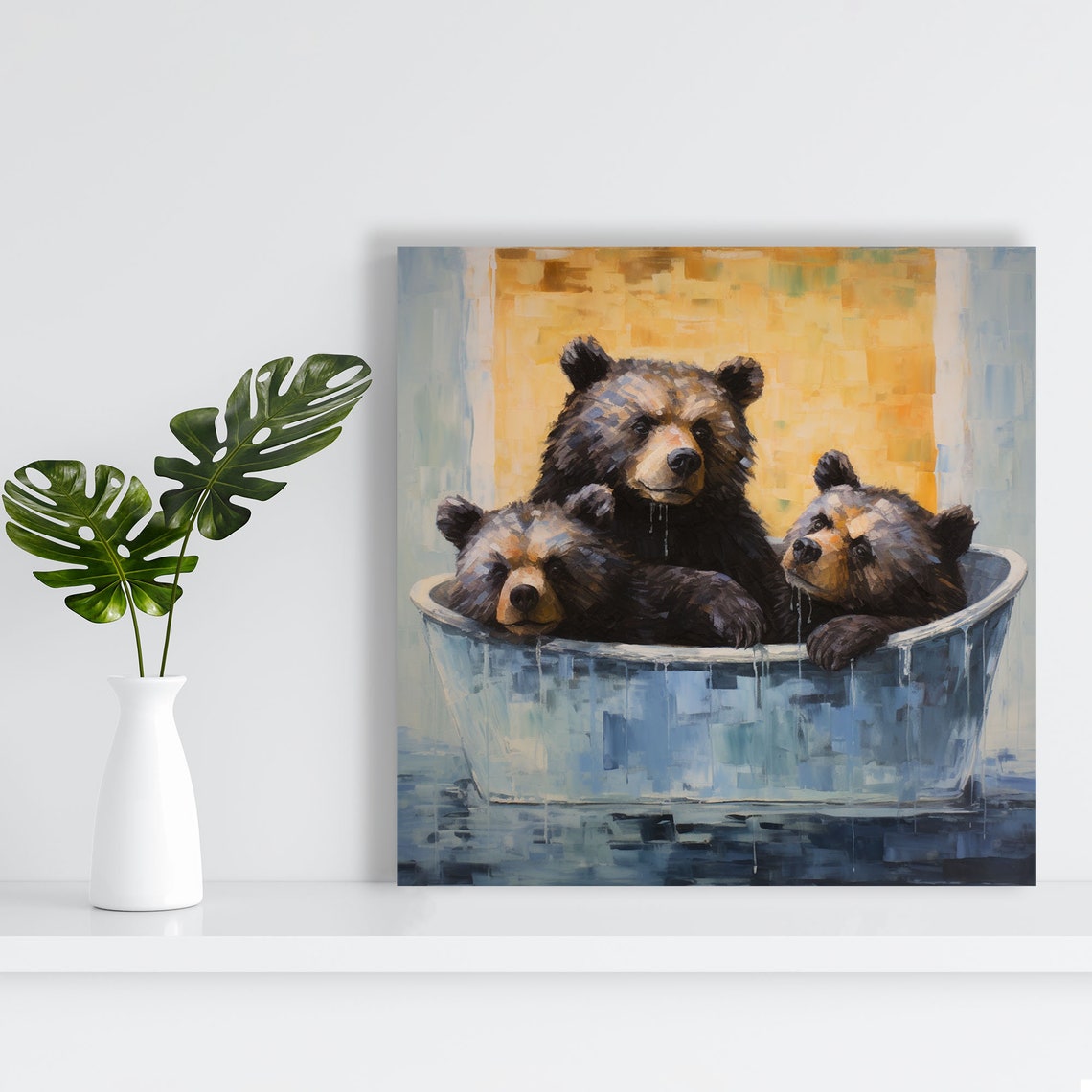 Three Cute Bears Bath Time Funny Blue Bathroom Animal Canvas Poster - Image 4