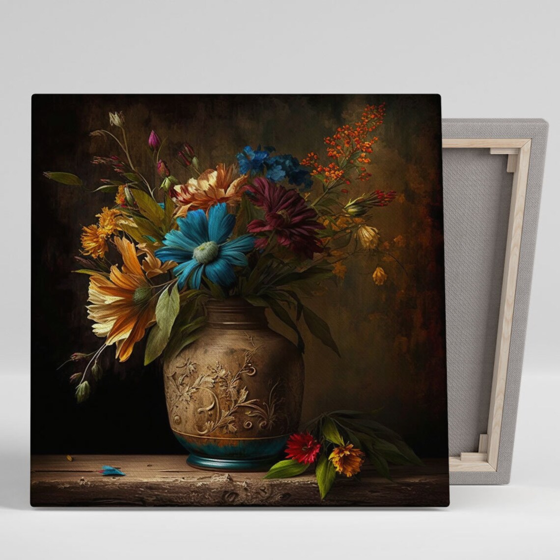 Blue Daisy Autumn Bouquet Carved Stoneware Jug Moody Floral Wall Art