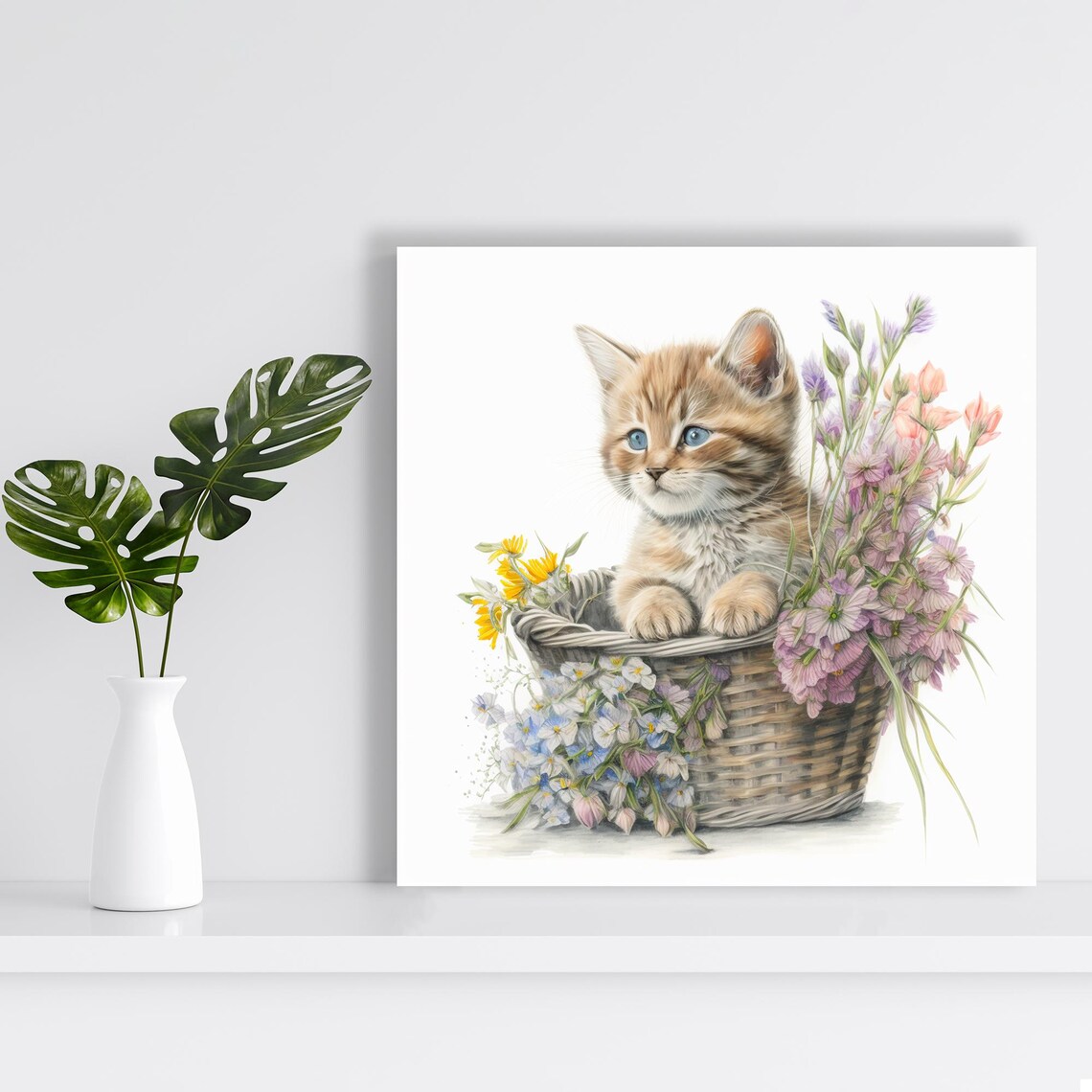 Kitten Flower Basket Watercolor Blue Eyes Cute Floral Nursery Art Poster - Image 2