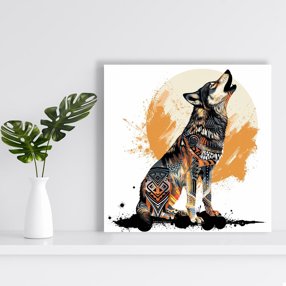 Howling Wolf Tribal Pattern Orange Moon Boho Spirit Animal Art Poster - Image 2