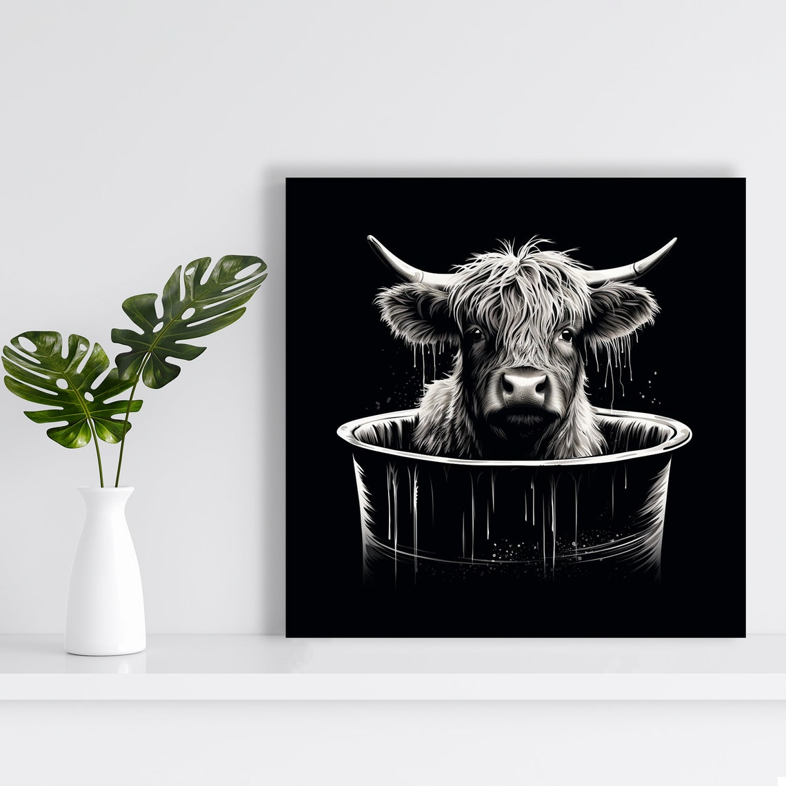 Highland Cow In Bucket Black White Whimsical Wall Art Poster - Image 2