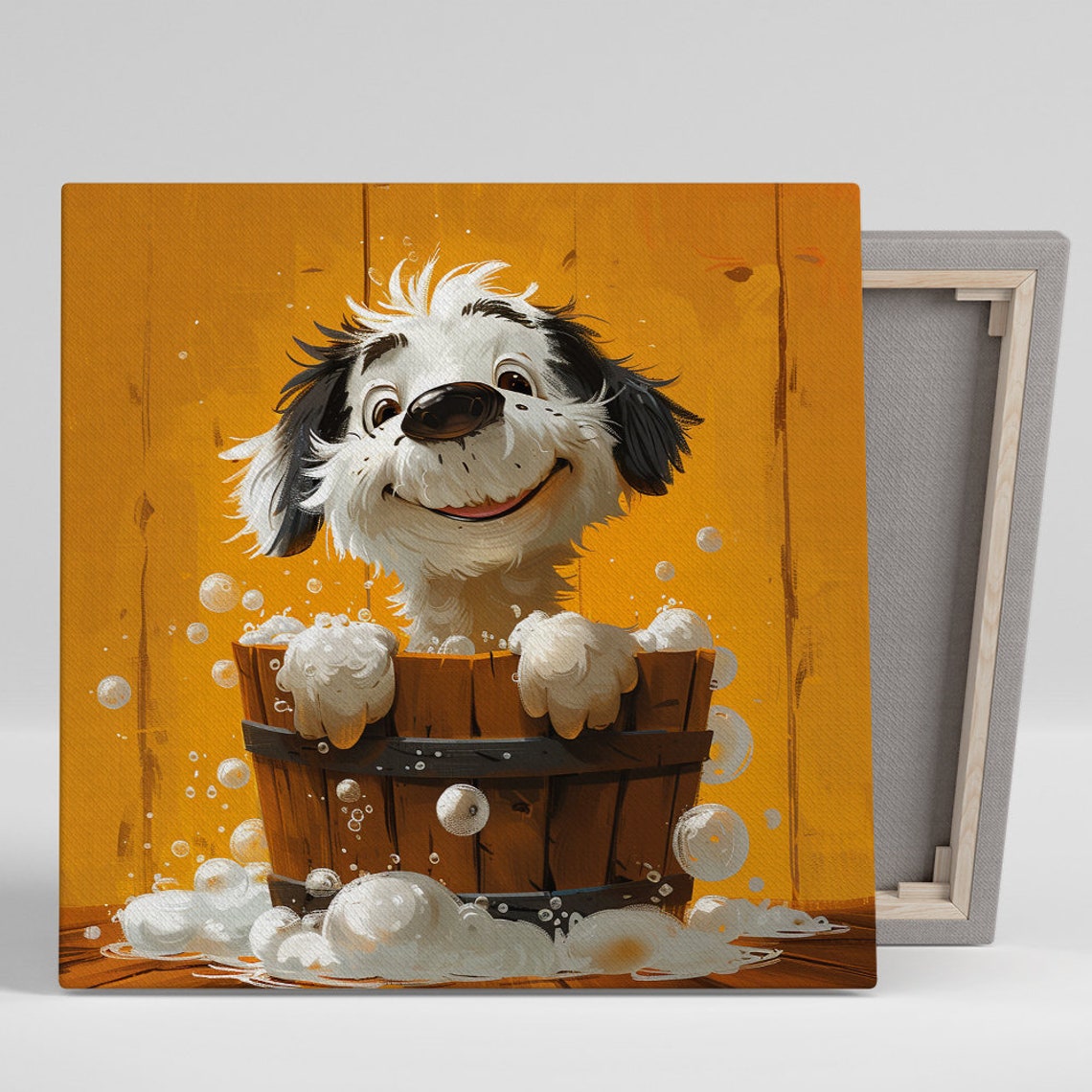 Smiling Puppy Bubble Bath Wooden Barrel Cheerful Bathroom Poster