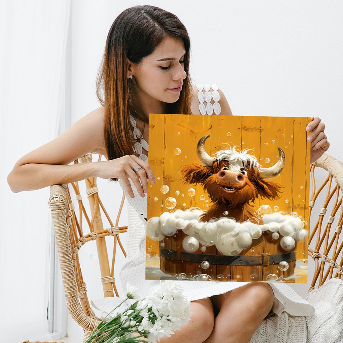 Happy Highland Cow Bubble Bath Wooden Barrel Farm Animal Poster - Image 3