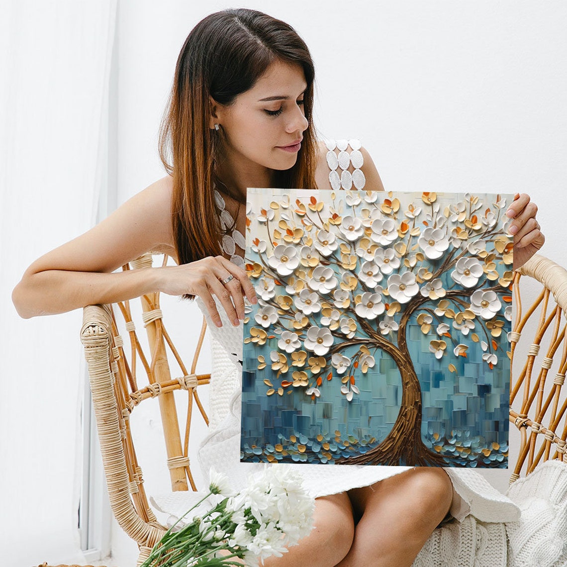 White Blossom Tree Of Life Gold Blue Impasto Textured Art Poster - Image 5