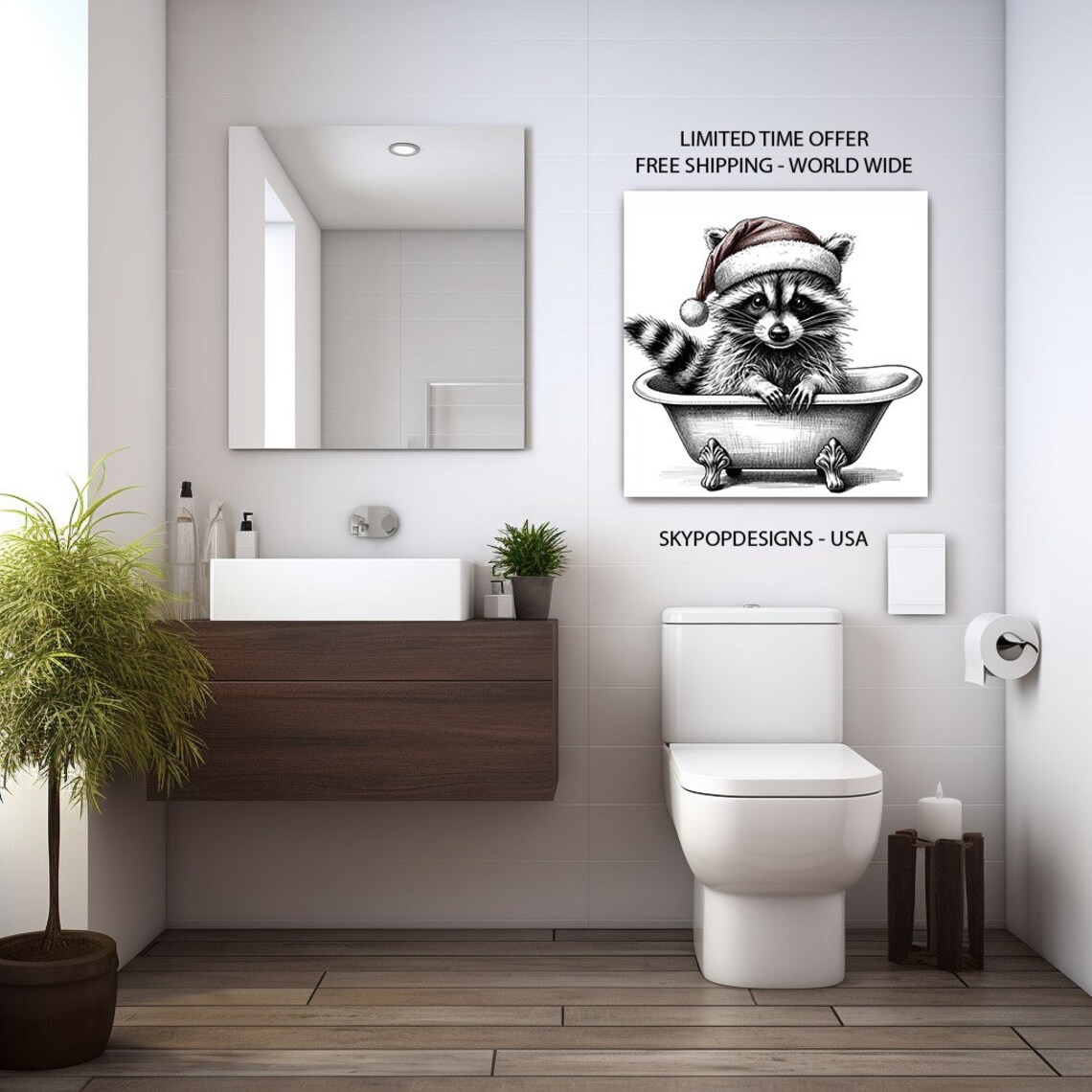 Christmas Raccoon in Bathtub, Bathroom Holiday Art - Image 3