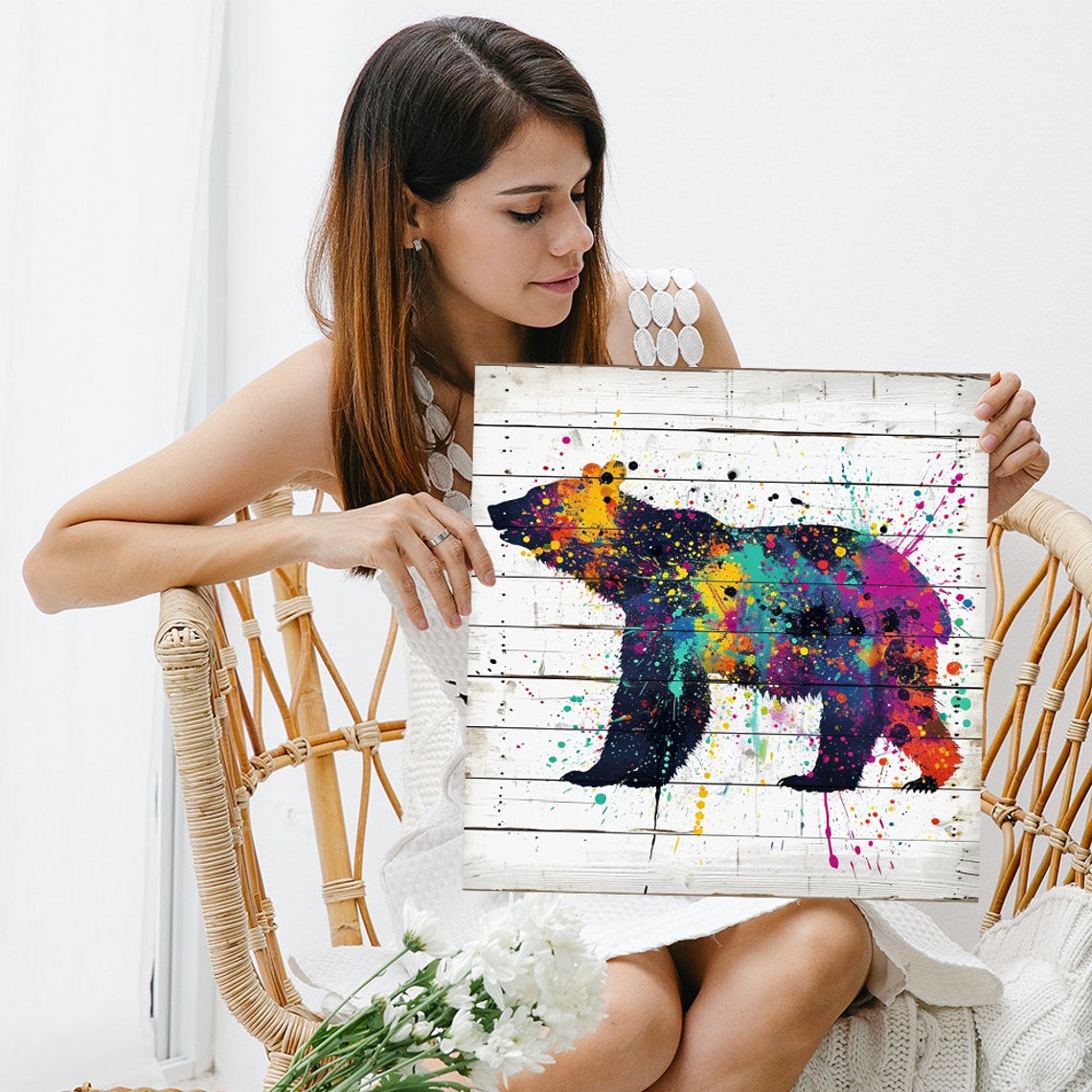 Paint Splash Bear Silhouette Colorful Abstract Wood Background Poster - Image 3