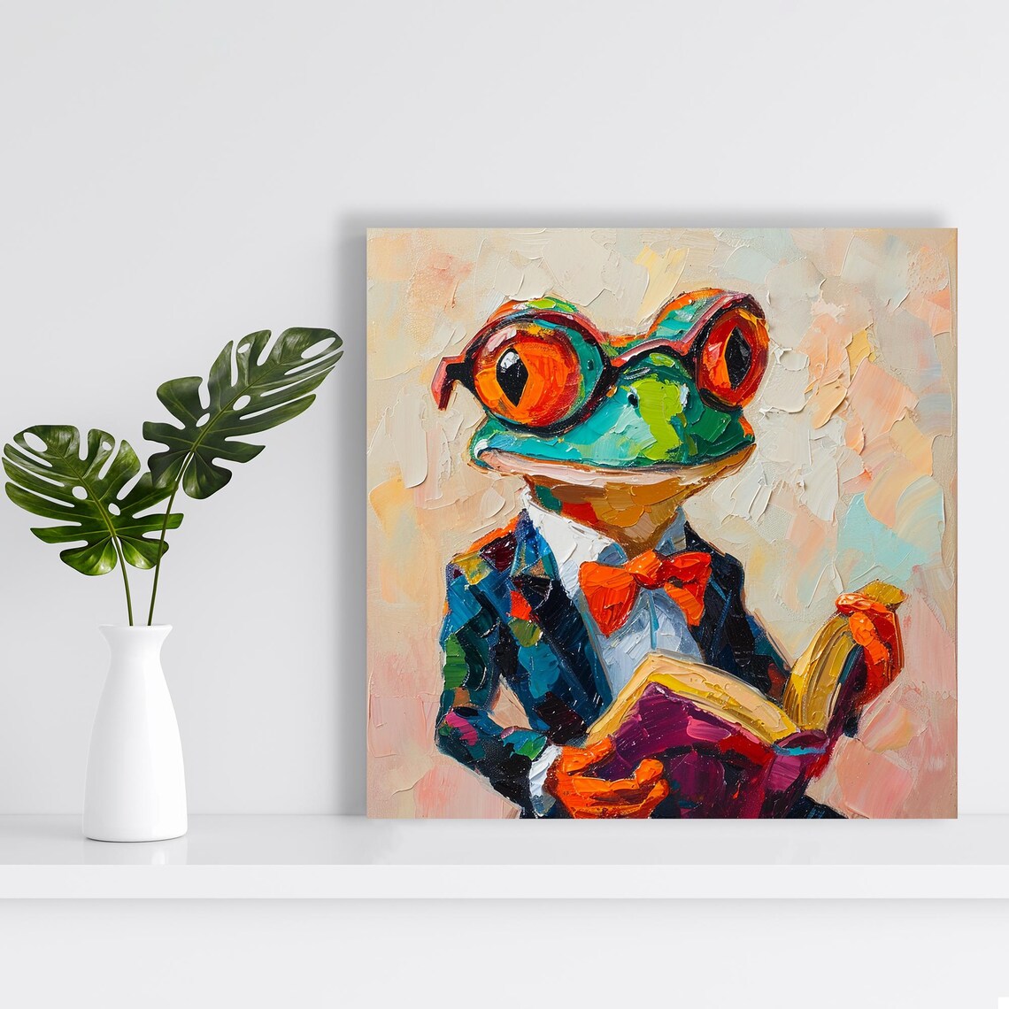 Frog Professor In Glasses Bow Tie Holding Book Colorful Oil Poster - Image 2