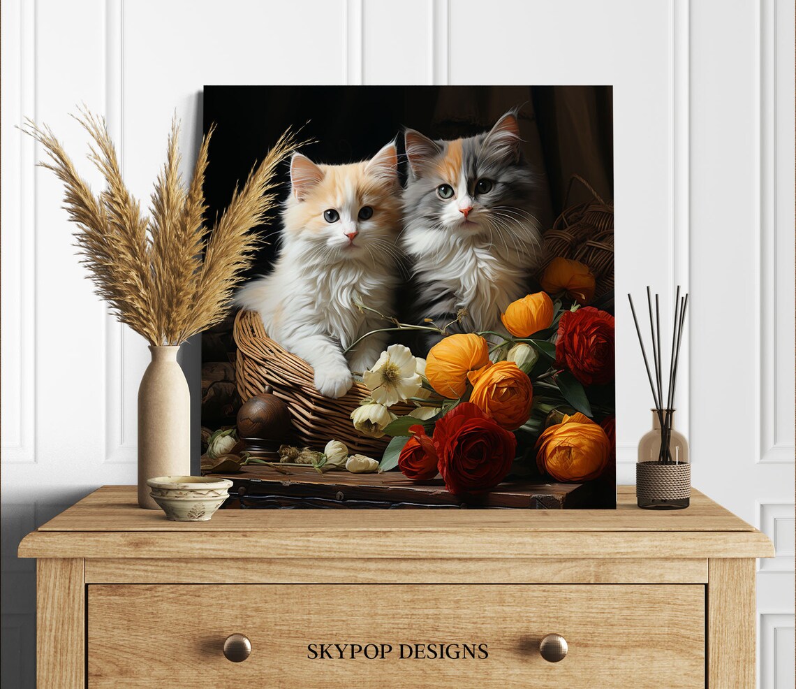 Two Cats With Flowers, Botanical Cat Art Print - Image 2
