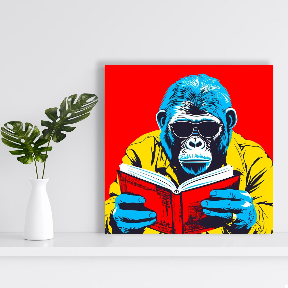 Cool Gorilla Reading Book Sunglasses Pop Art Red Yellow Fun Wall Poster - Image 2