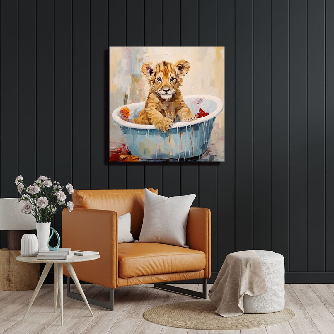 Cute Lion Cub In Blue Bathtub Painterly Baby Animal Nursery Poster - Image 4