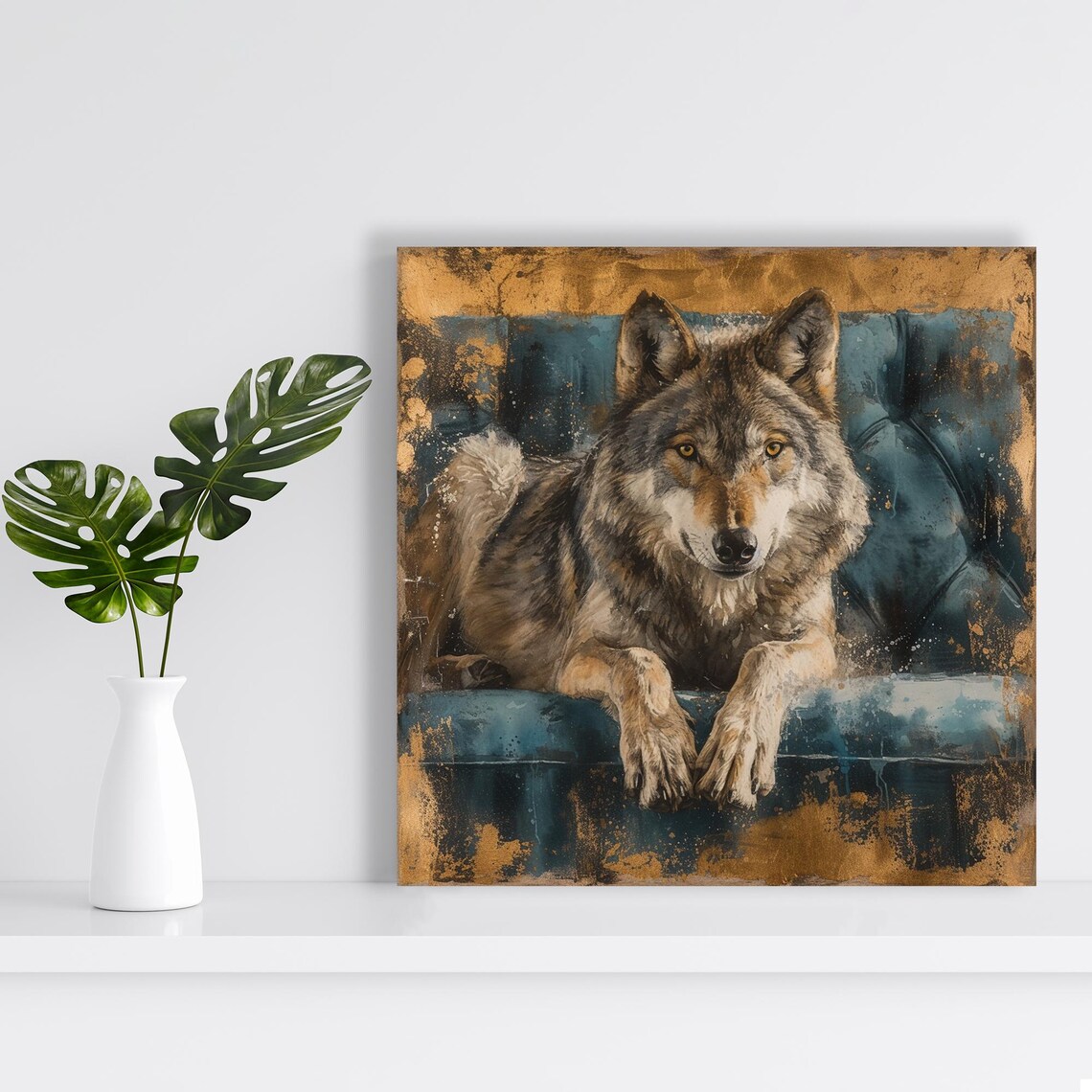 Wolf Resting On Teal Velvet Couch Gold Bohemian Lounge Art Poster - Image 2