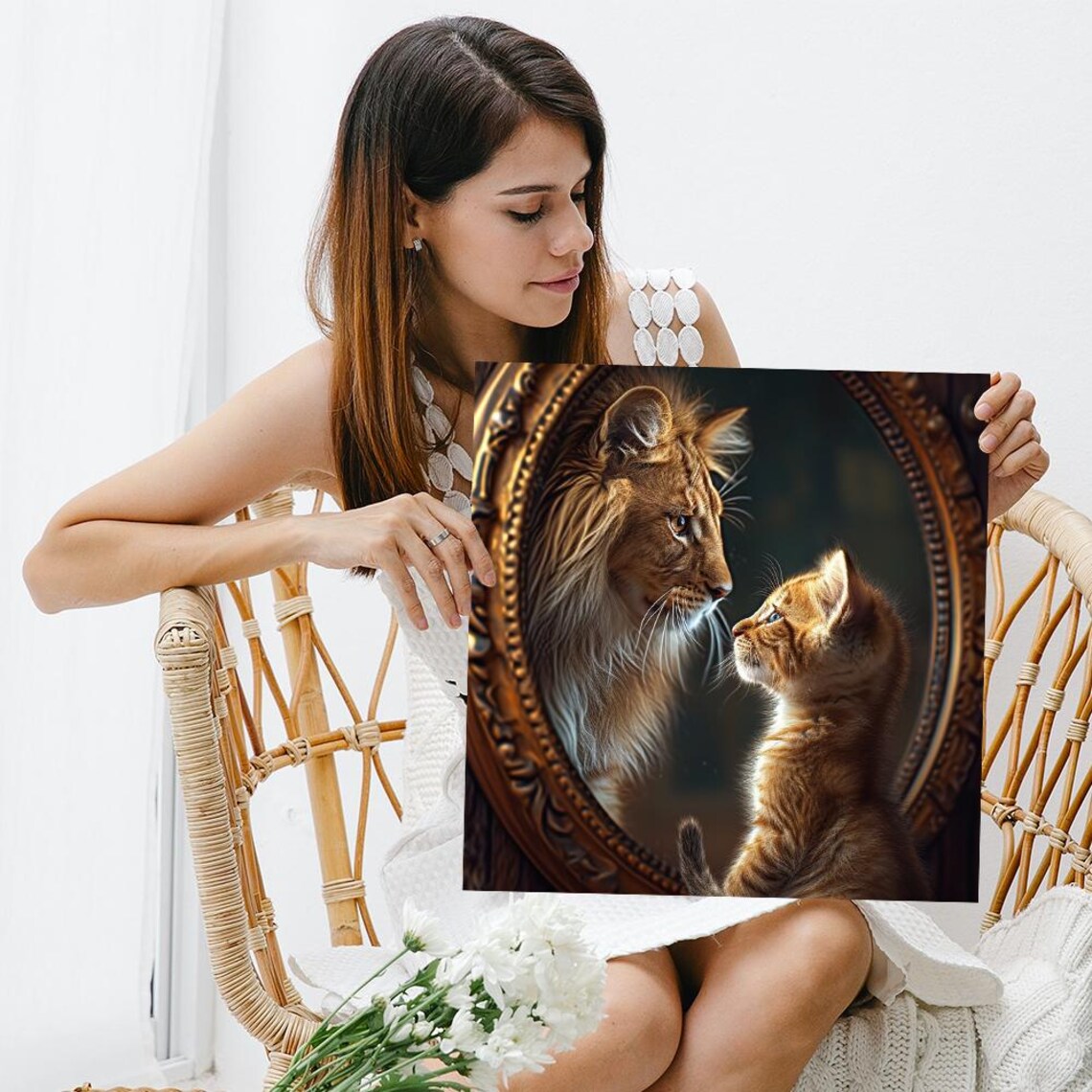 Whimsical Kitten Seeing Lion Reflection In Antique Gold Mirror Art Poster - Image 3