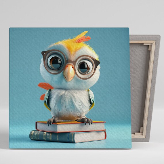 Cute Baby Owl Glasses Books Whimsical Kids Room Animal Wall Poster