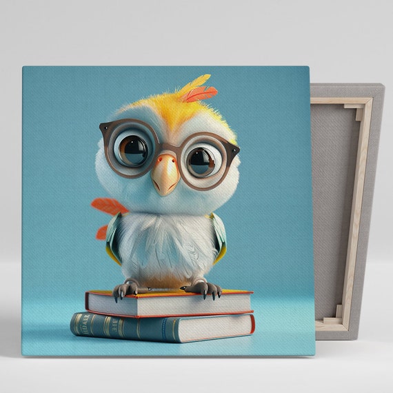Owl Wisdom Art Or Poster Whimsical Animal Decor Childrens Room Office Library Wall Art White Yellow Blue Orange Modern Design