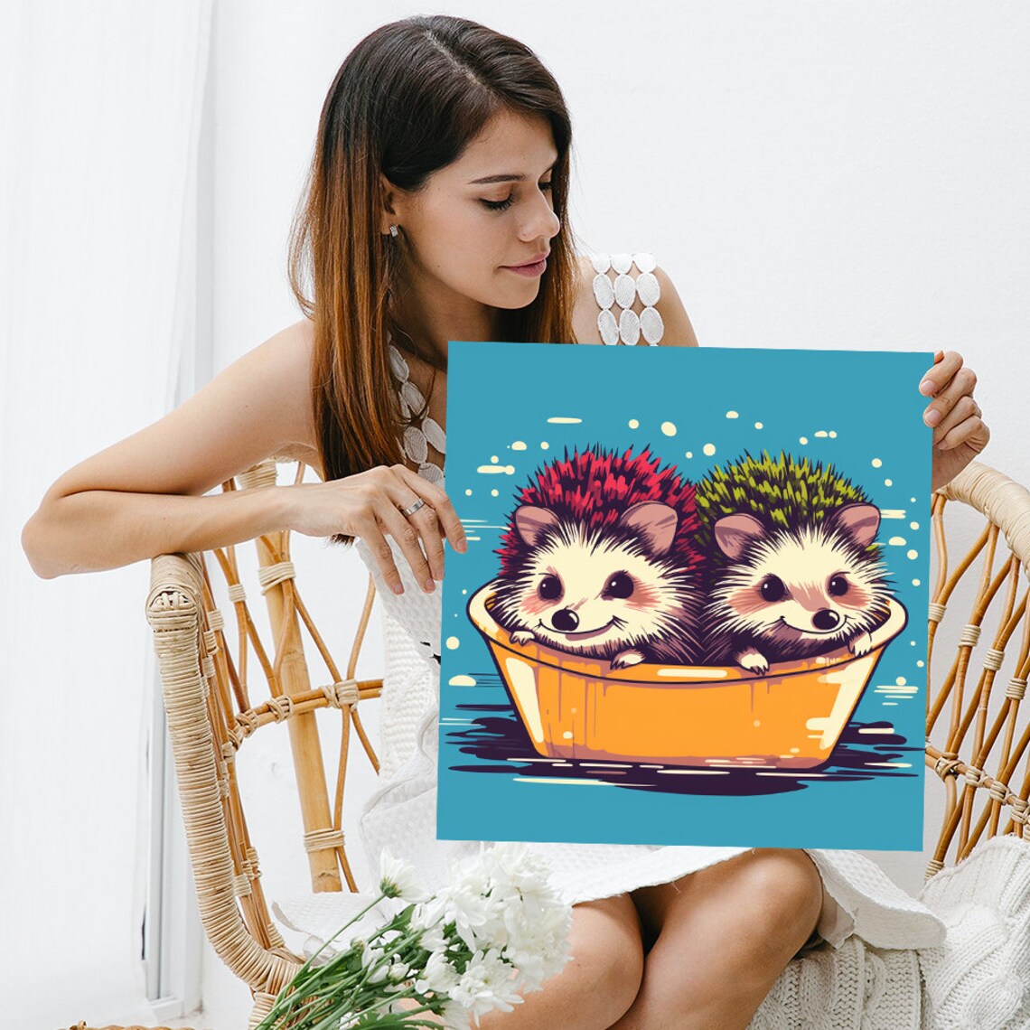 Two Hedgehogs Bathing Orange Tub Colorful Pop Art Teal Background Poster - Image 3