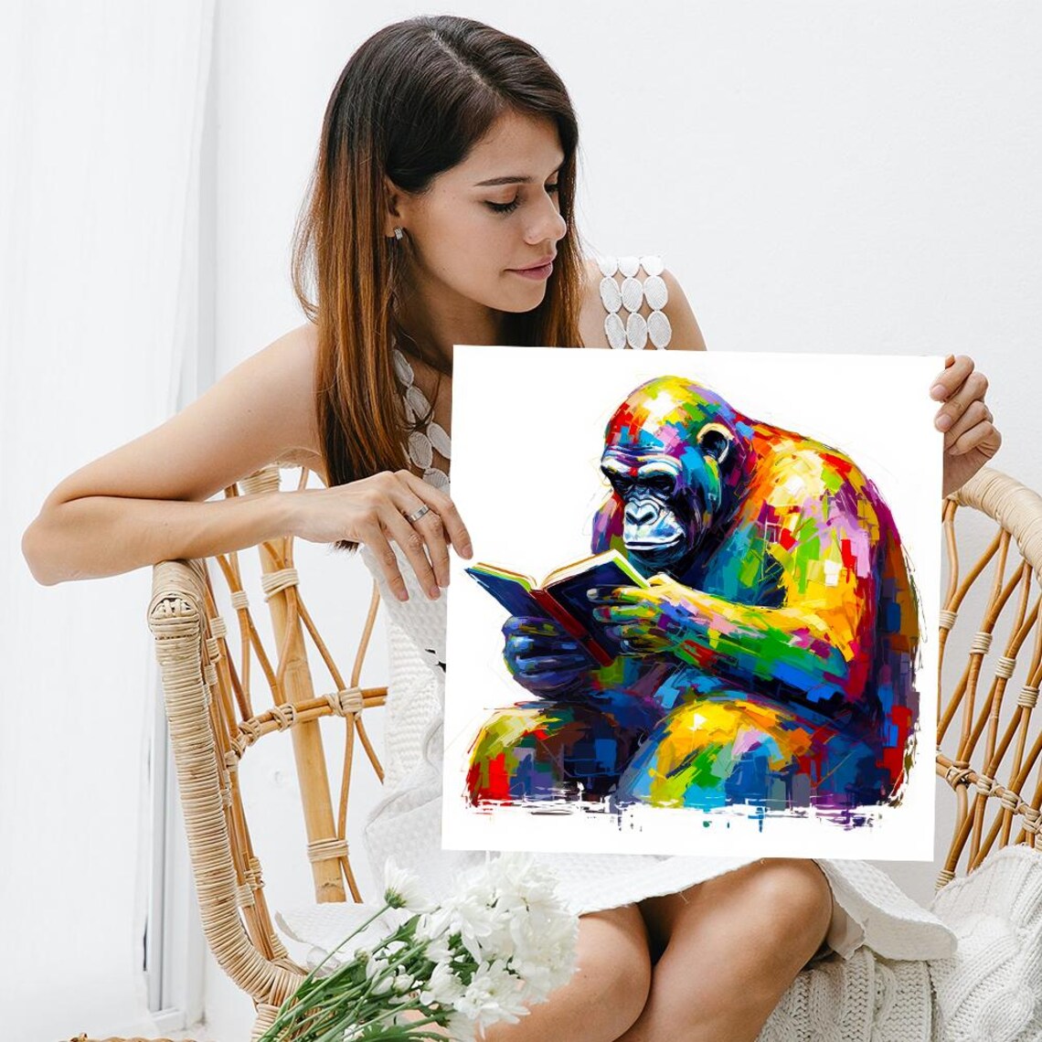 Rainbow Gorilla Reading Book Intellectual Colorful Primate Art Poster - Image 3