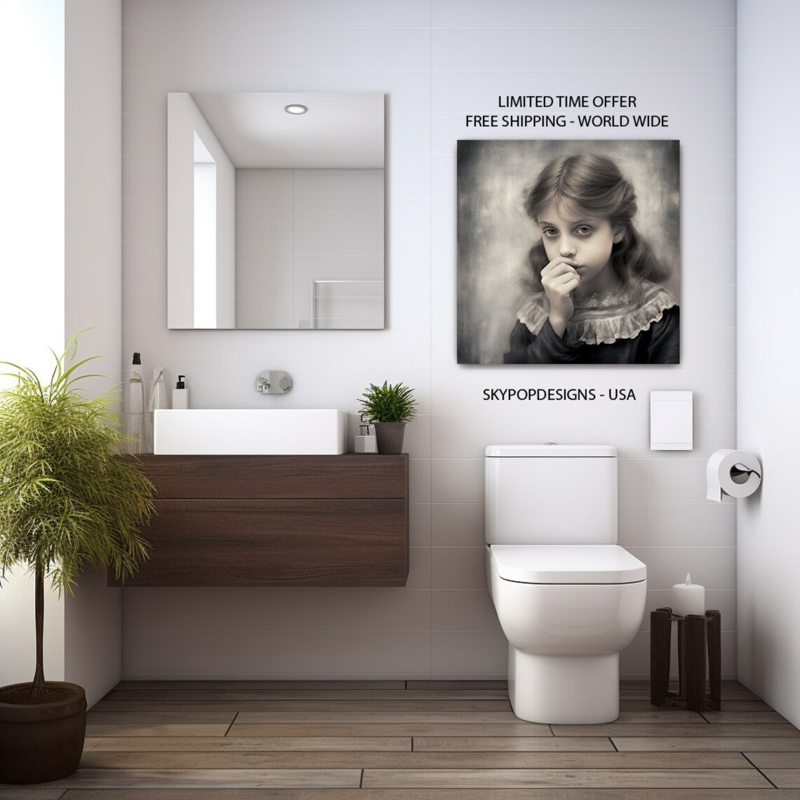 Vintage Sepia Girl Hand Over Mouth Funny Bathroom Humor Art Poster - Image 3