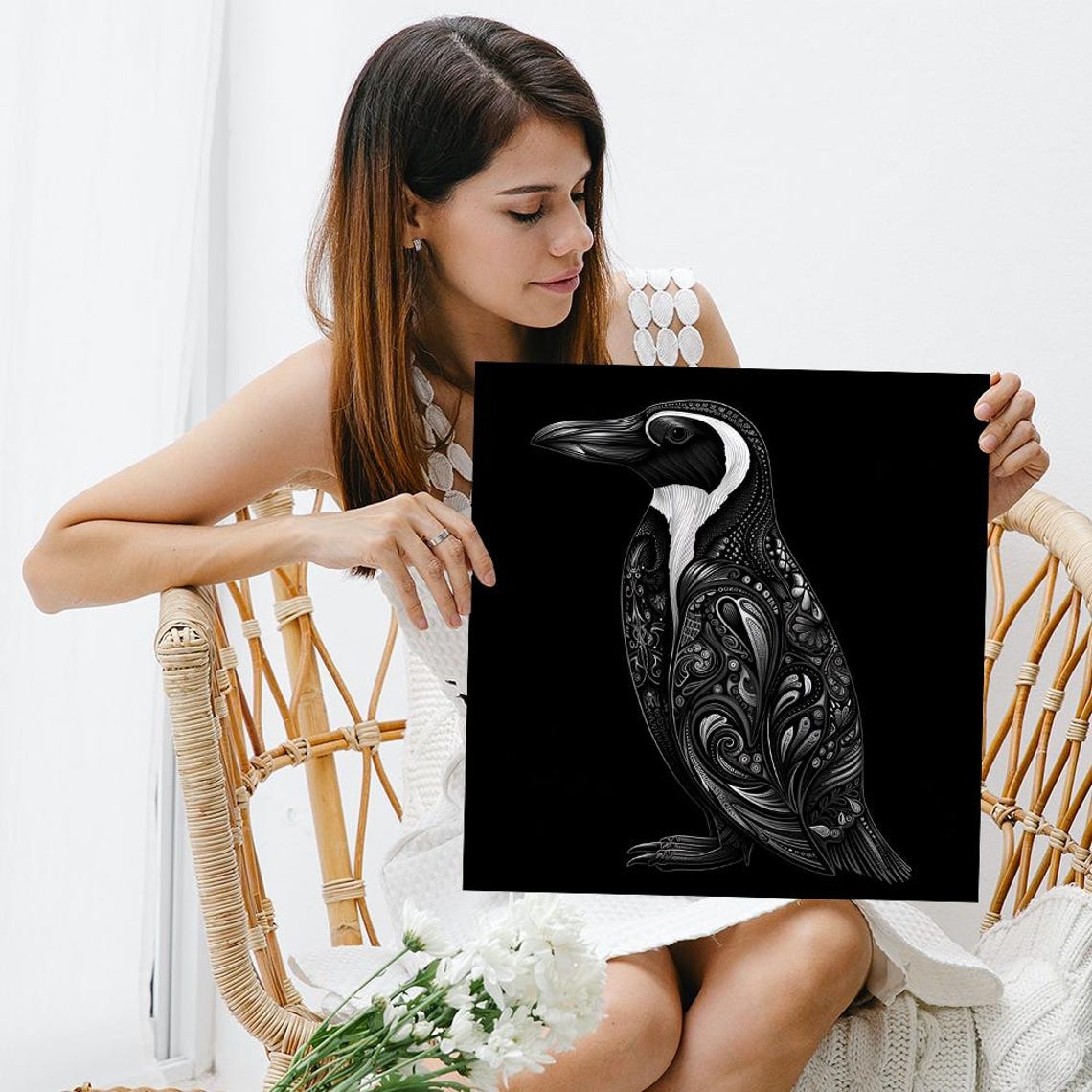Penguin Silhouette Intricate White Zentangle Pattern Black Wall Poster - Image 3