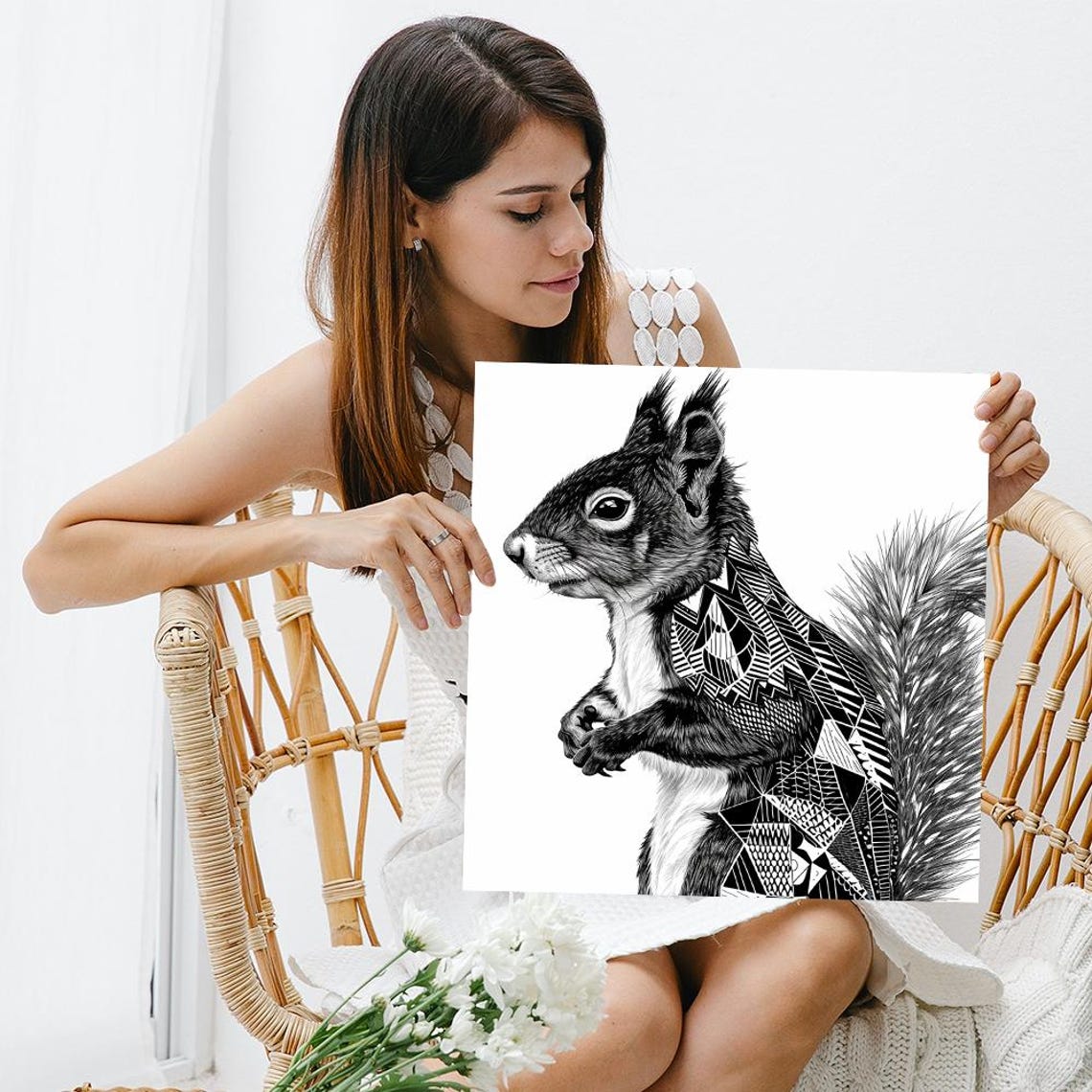 Monochrome Squirrel With Geometric Tribal Pattern Body Wall Art Poster - Image 3