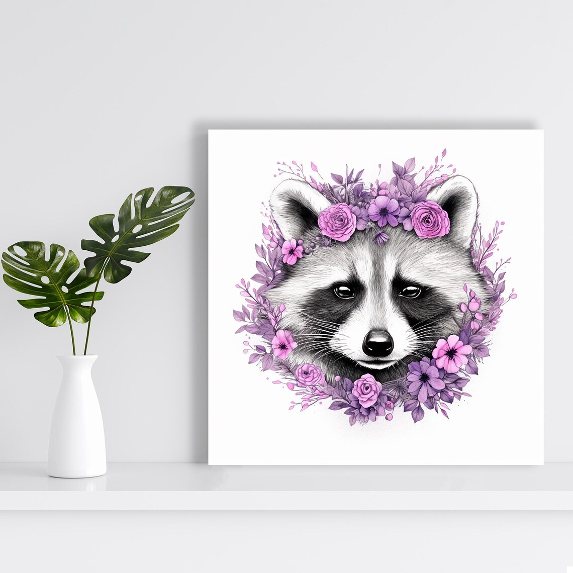 Sweet Raccoon Portrait Purple Floral Wreath Roses Bohemian Wall Art Print - Image 2