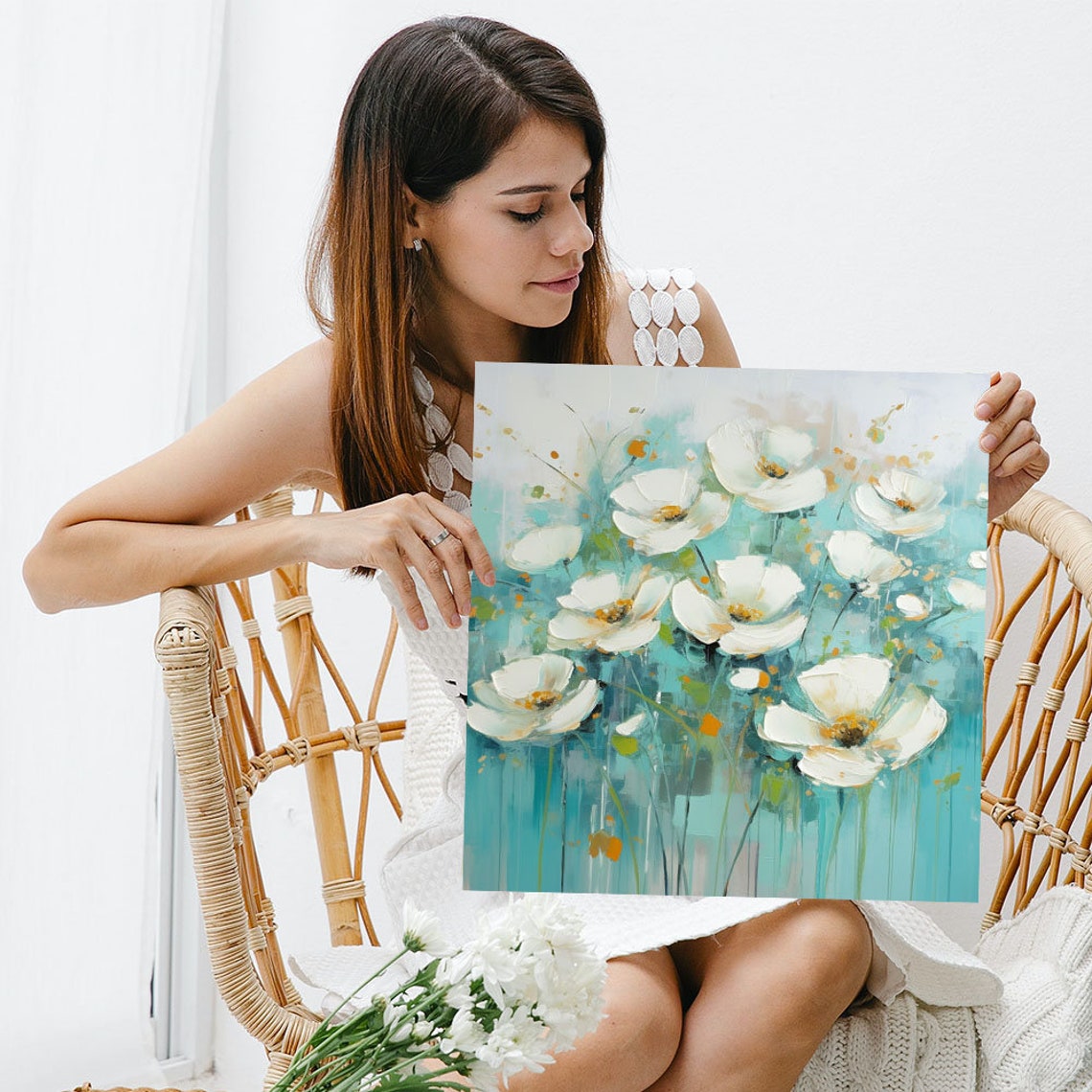 White Poppy Blooms Soft Teal Abstract Modern Floral Serenity Poster - Image 3