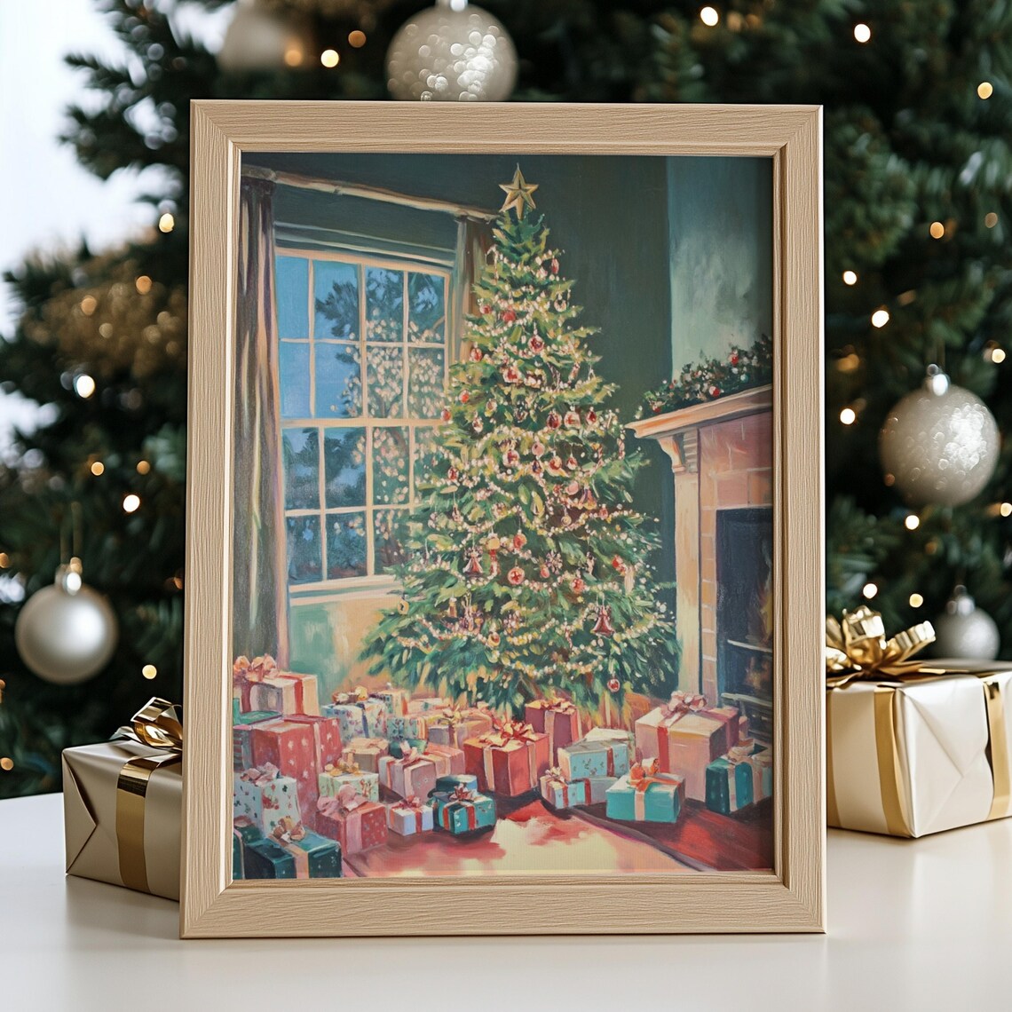 Christmas Tree Gifts Fireplace Gold Star Vintage Holiday Art Print - Image 2