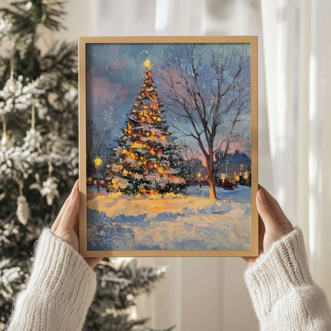 Outdoor Christmas Tree Lit At Dusk Snowy Evening Impressionist Print - Image 3
