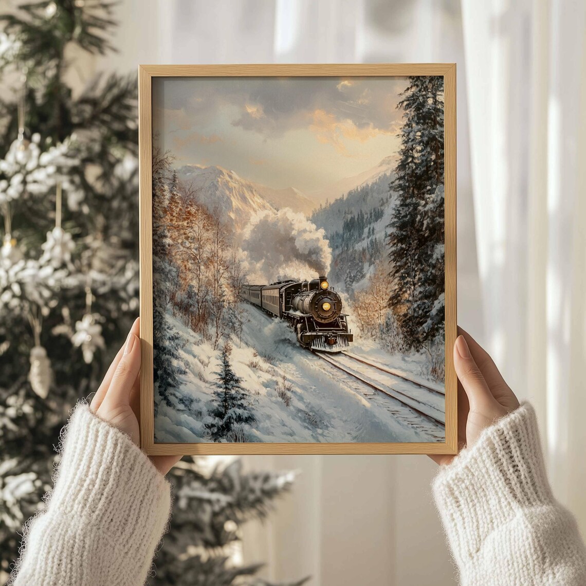 Steam Locomotive Snowy Pine Forest Mountain Pass Painting Art Print - Image 3