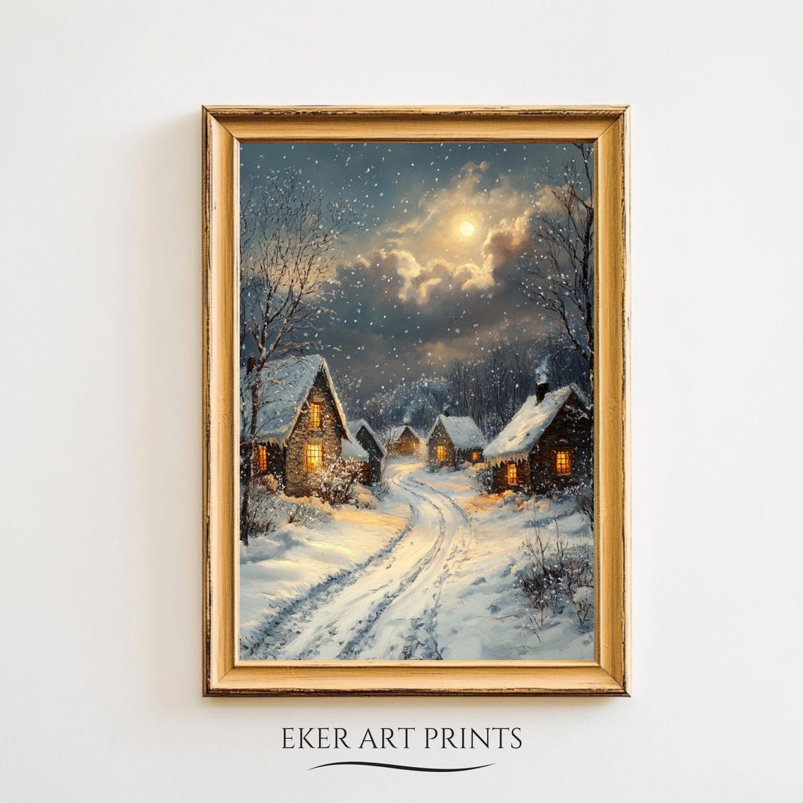 Vintage Christmas Wall Art Winter Village Landscape Painting Christmas Night Village Art Seasonal Christmas Decor Farmhouse Christmas