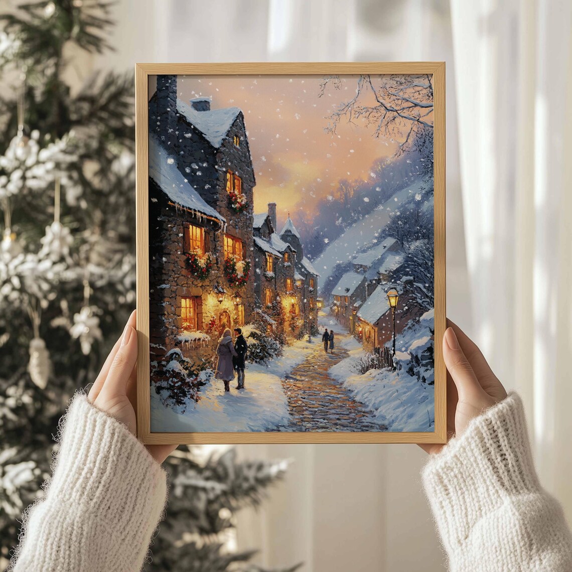 Snowy European Village Street Sunset Glowing Windows Christmas Poster - Image 3