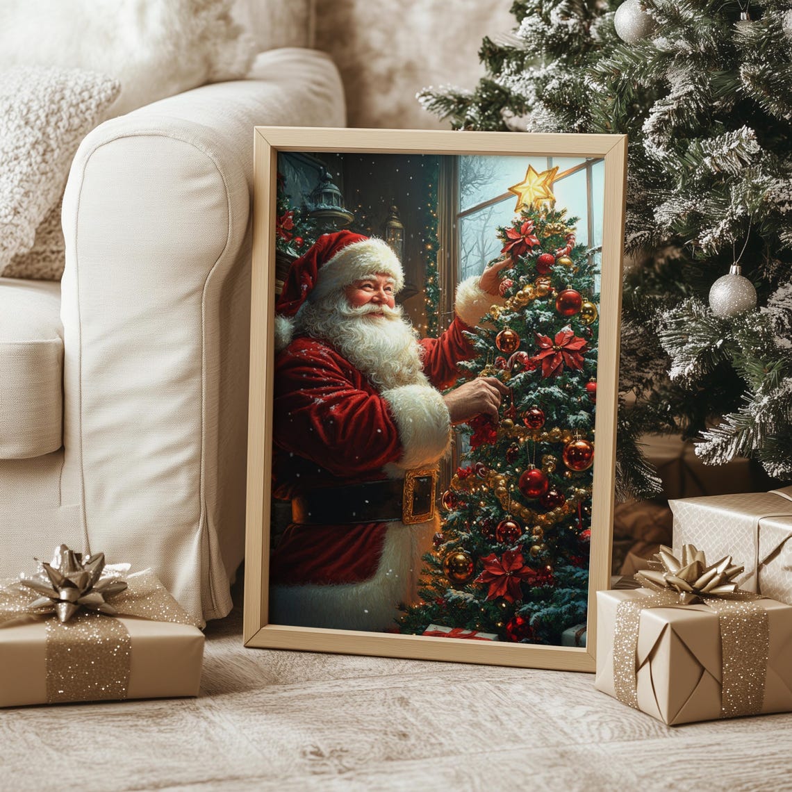 Santa Decorating Christmas Tree Ornaments Cozy Window Art Print - Image 3