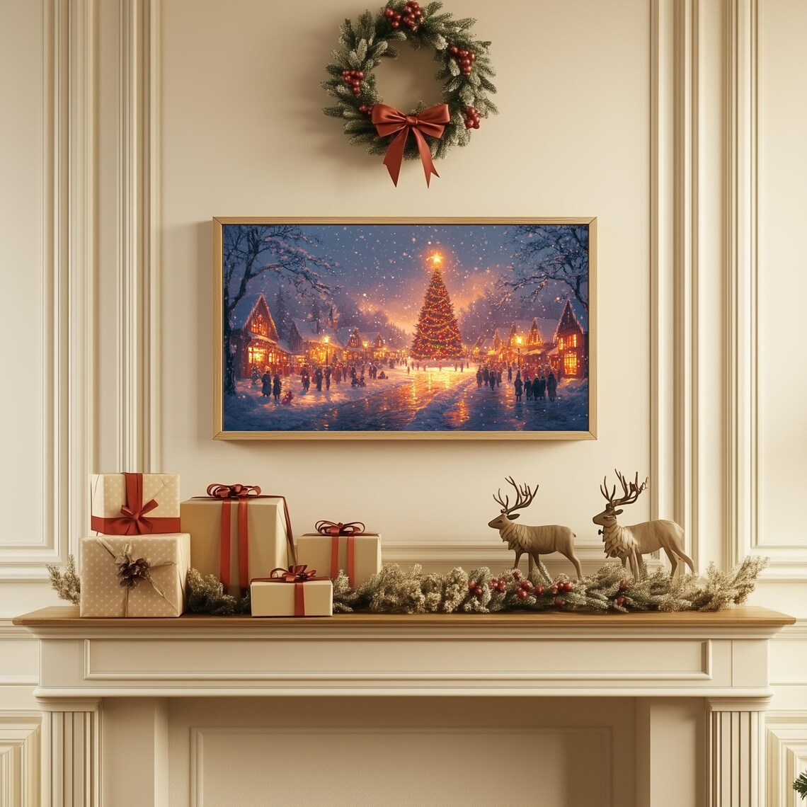 Christmas Frame Tv Art Christmas Village Tv Decor Vintage Holiday Town Tree Painting Moody Winter Screensaver Tv - Image 2