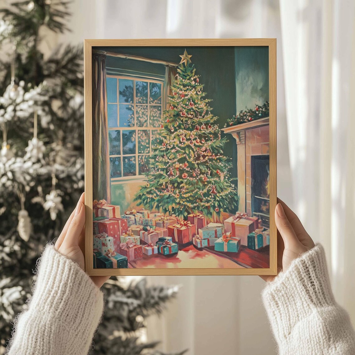 Christmas Tree Gifts Fireplace Gold Star Vintage Holiday Art Print - Image 3